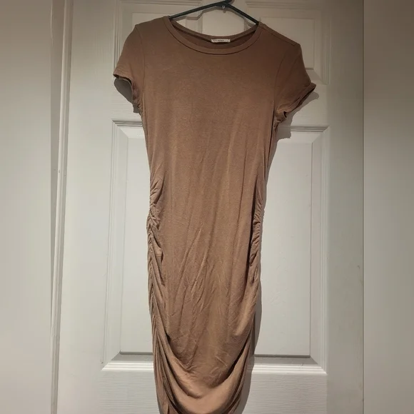 Chic Tan Ruched Mini Dress - Picture 1 of 5